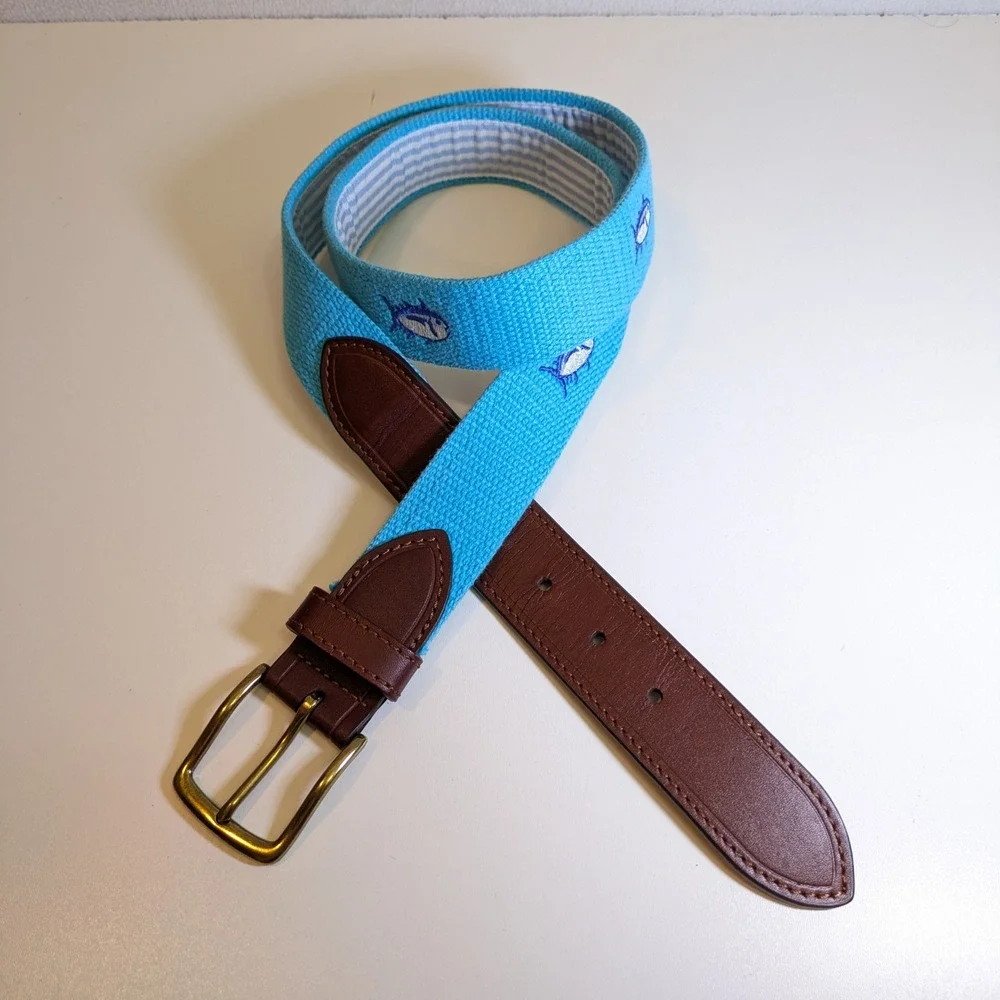 Southern Tide Skipjack Fish Belt Mens 38 Aqua Blue Canvas Leather Preppy Coastal
